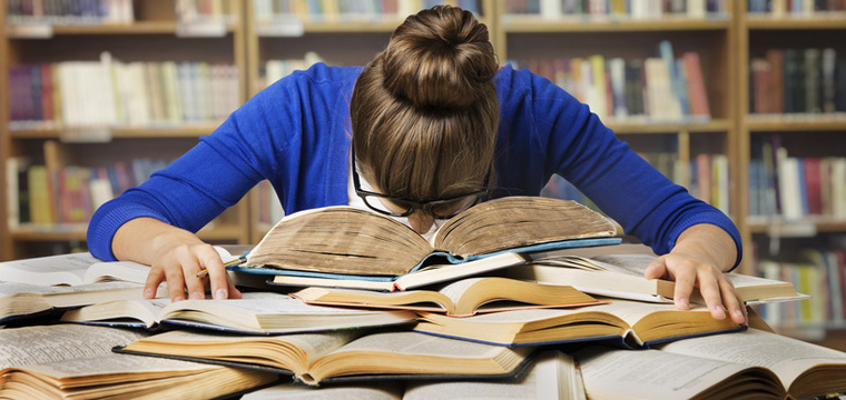Eine junge Frau sitzt in der Bibliothek. Vor ihr ausgebreitet liegen Bücher.